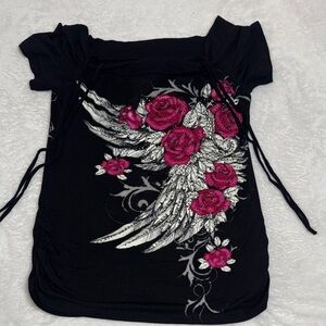 Elegant Black and Pink Floral Wing Women's Tee